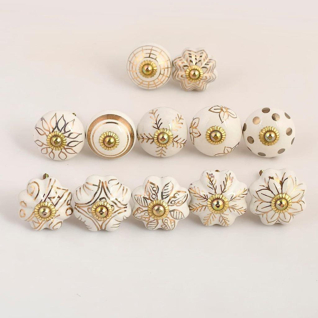 Ceramic Knobs Assorted Pottery Drawer,Door Knobs and Pulls Handle for Kitchen Cabinets Home Interior Decor Knobs (Golden, Pack of 15)