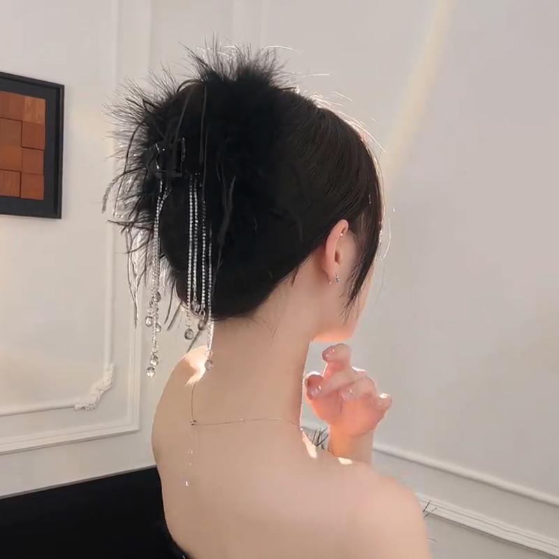Black Feather Tassel 13Cm Claw Clip Women Hair Accessories For The Back Of The Head