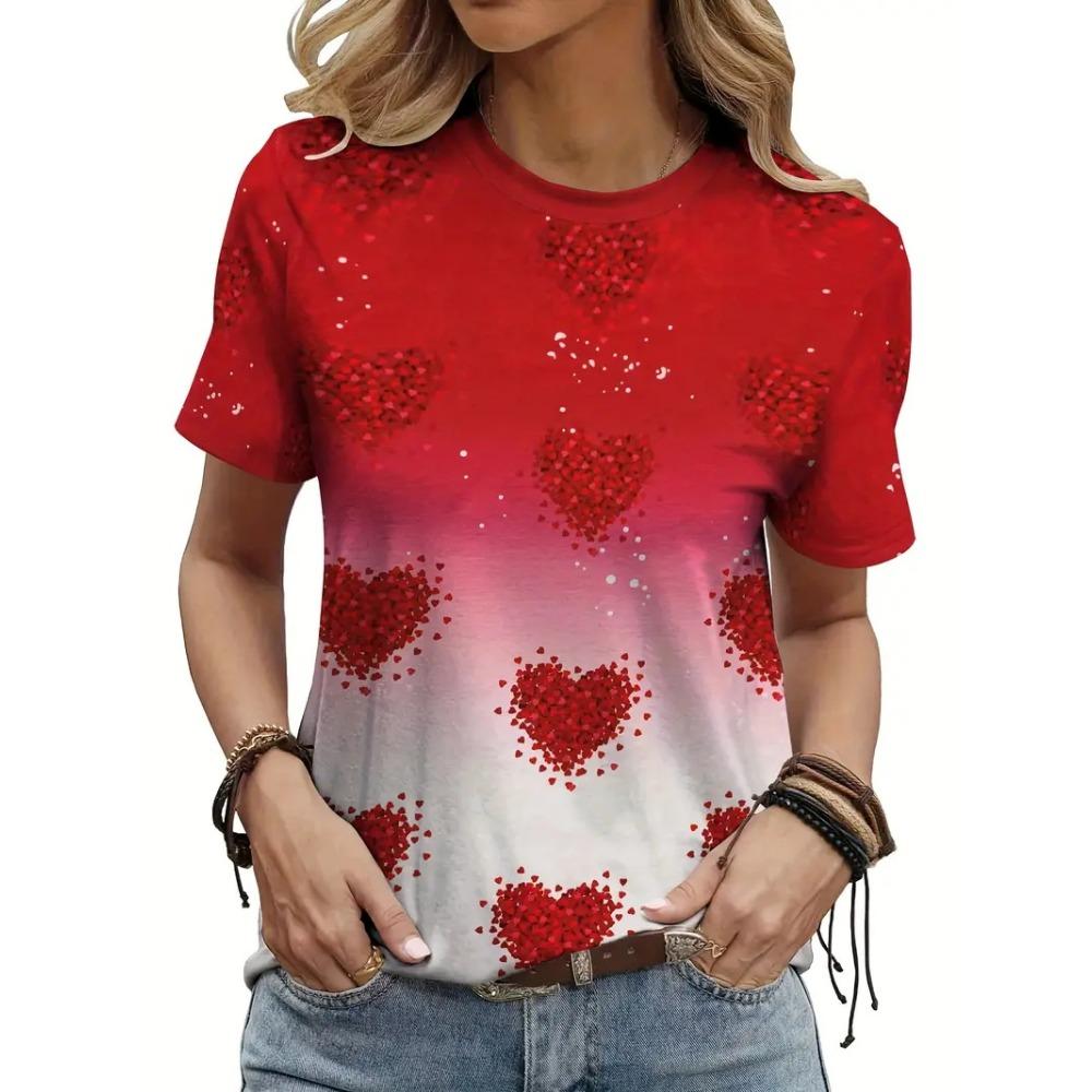 Women's Valentine's Day Heart-shaped Printed T-shirt Round Neck Short Sleeved Shirt
