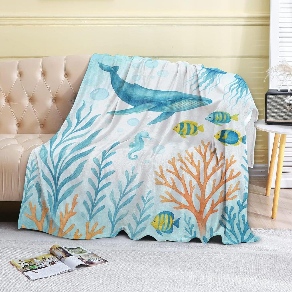 Watercolor Whale Fleece Blanket,Ocean Sea Life Coral Fish and Seahorse Throw Blankets,Soft Cozy Lightweight, Ideal for B