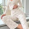 Women's Floral Long Sleeve Pajama Set Crop Top And Wide Leg Pants Sleepwear Set Casual 2 Piece Pjs Lounge Set