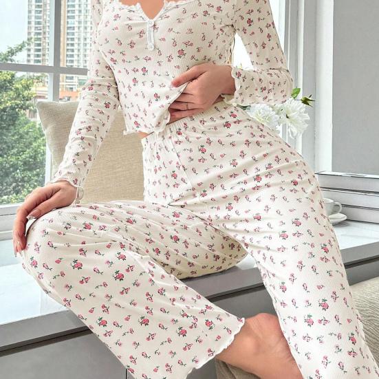 Women's Floral Long Sleeve Pajama Set Crop Top And Wide Leg Pants Sleepwear Set Casual 2 Piece Pjs Lounge Set