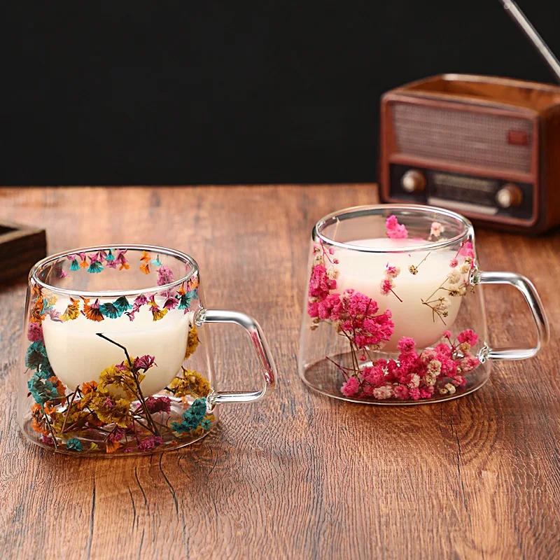 200ML Double-layer Glass Transparent Dried Flower Glass Coffee Milk Cup Creative Gift Thermal Insulation Water Cup