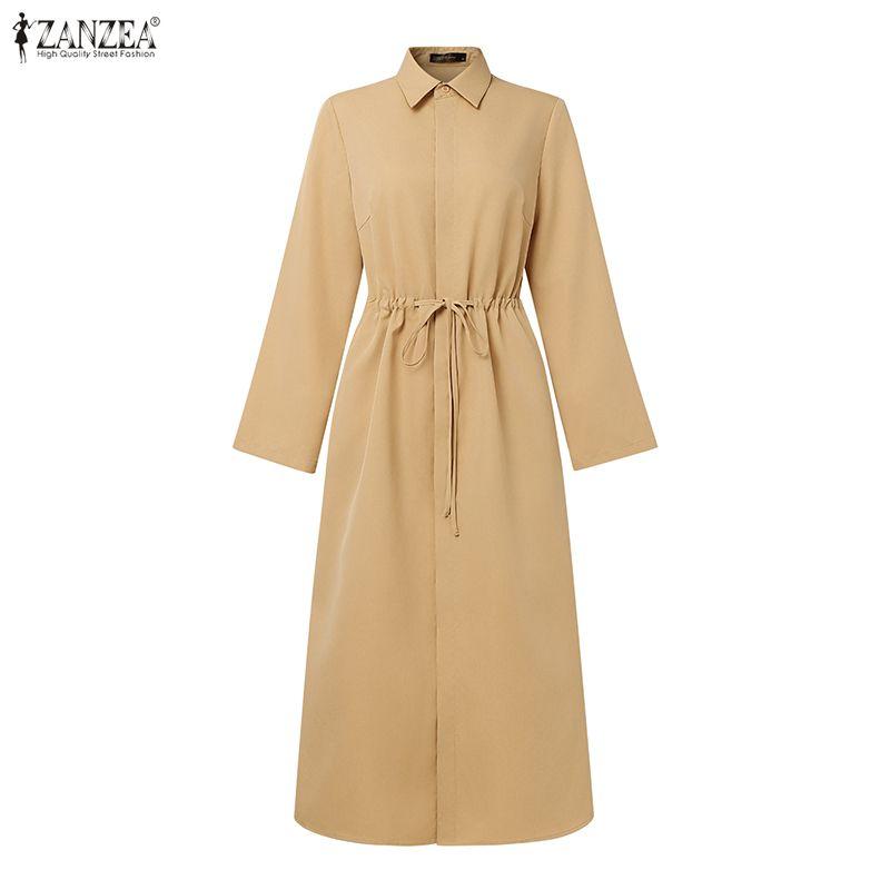 ZANZEA Women Casual Turn Down Collar Loose Long Sleeve Dress