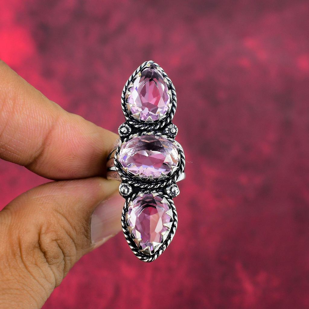 Pink Kunzite Gemstone Ring, 925 Sterling Silver Jewelry Adjustable Ring, Handmade Antique Jewelry Gift For Mother