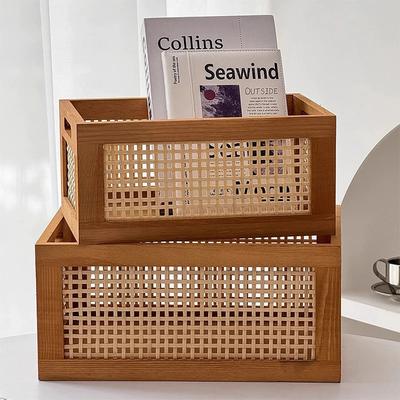 Kitchen Desktop Solid Wood Storage Box Retro Rattan Basket Book Snacks Cosmetics Organizer Home Appliance Bathroom Accessories
