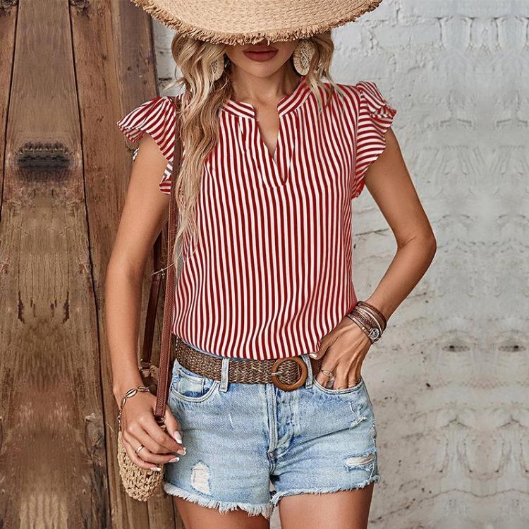 Chic Women's Striped V Neck Ruffle Blouse Short Sleeve Summer Tops