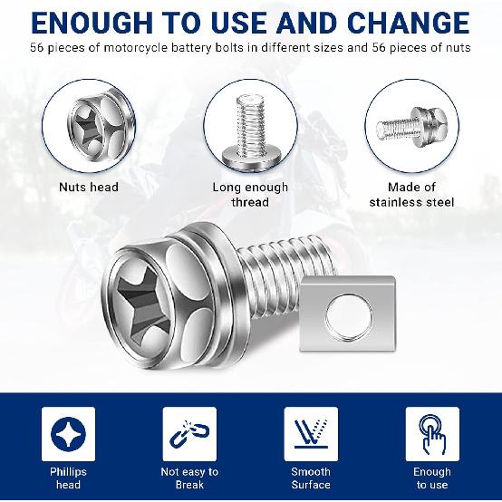 56 Pack Motorcycle Battery Terminal Nuts and Bolt Kit M6 X 10 Mm 12 Mm 16 Mm 20 Mm Bolt Square Nut Kit Stainless Steel Motorcycle Battery Screw and