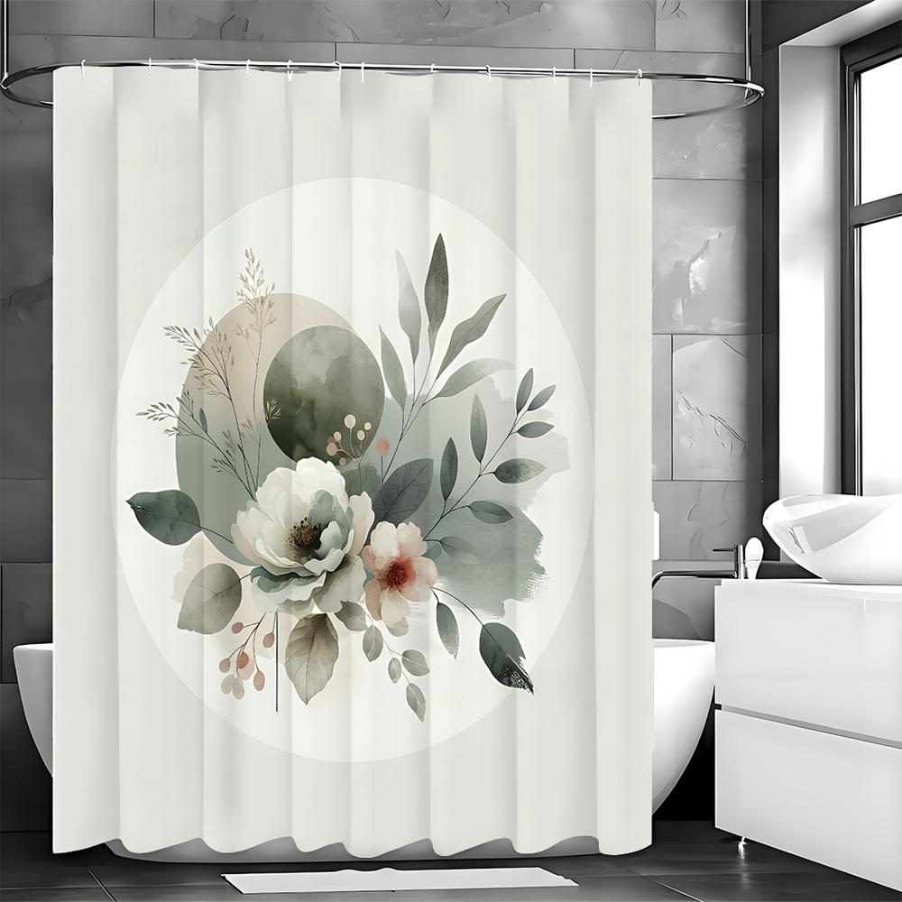 Watercolor Floral Round Leaf Shower Curtain, Bathroom Decorative Shower Curtain, Waterproof Shower Curtain with Hooks