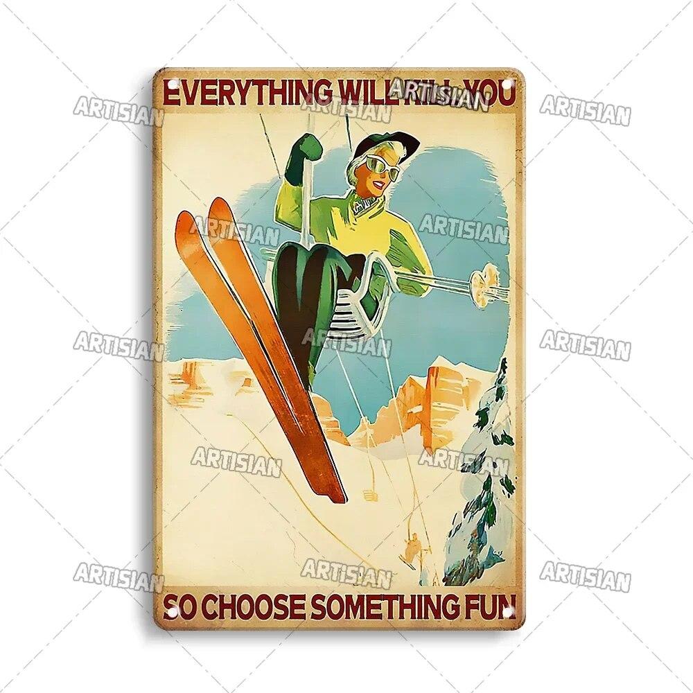 Artisian Skiing Metal Poster Snowboarding Tin Sign Sledding Sport Decorative Plaque Wall Decor Garage Bar Pub Club Hotel Cafe