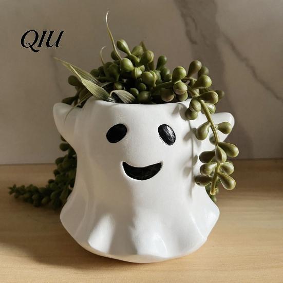 Halloween Themed Plant Container Ghost Flowerpot, Waterproof Resin Vase, Spooky Cute Indoor Outdoor Pot Desktop Ornament, for Green Plants Holiday
