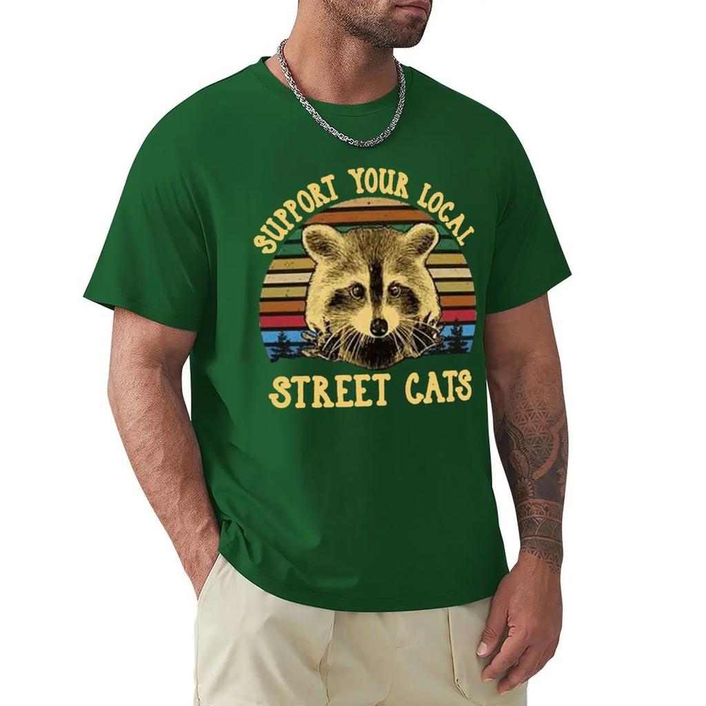 Raccoon Support Your Local Street Cats Vintage Men T-Shirt Black Cotton Unisex Loose Fit TEE Shirt