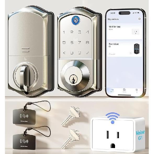 Veise VE017G Wi-Fi Keyless Entry Door Lock with Fingerprint, App Remote Control, Smart Locks for Front Door, Electronic Keypad Deadbolt, Auto Satin Nickel