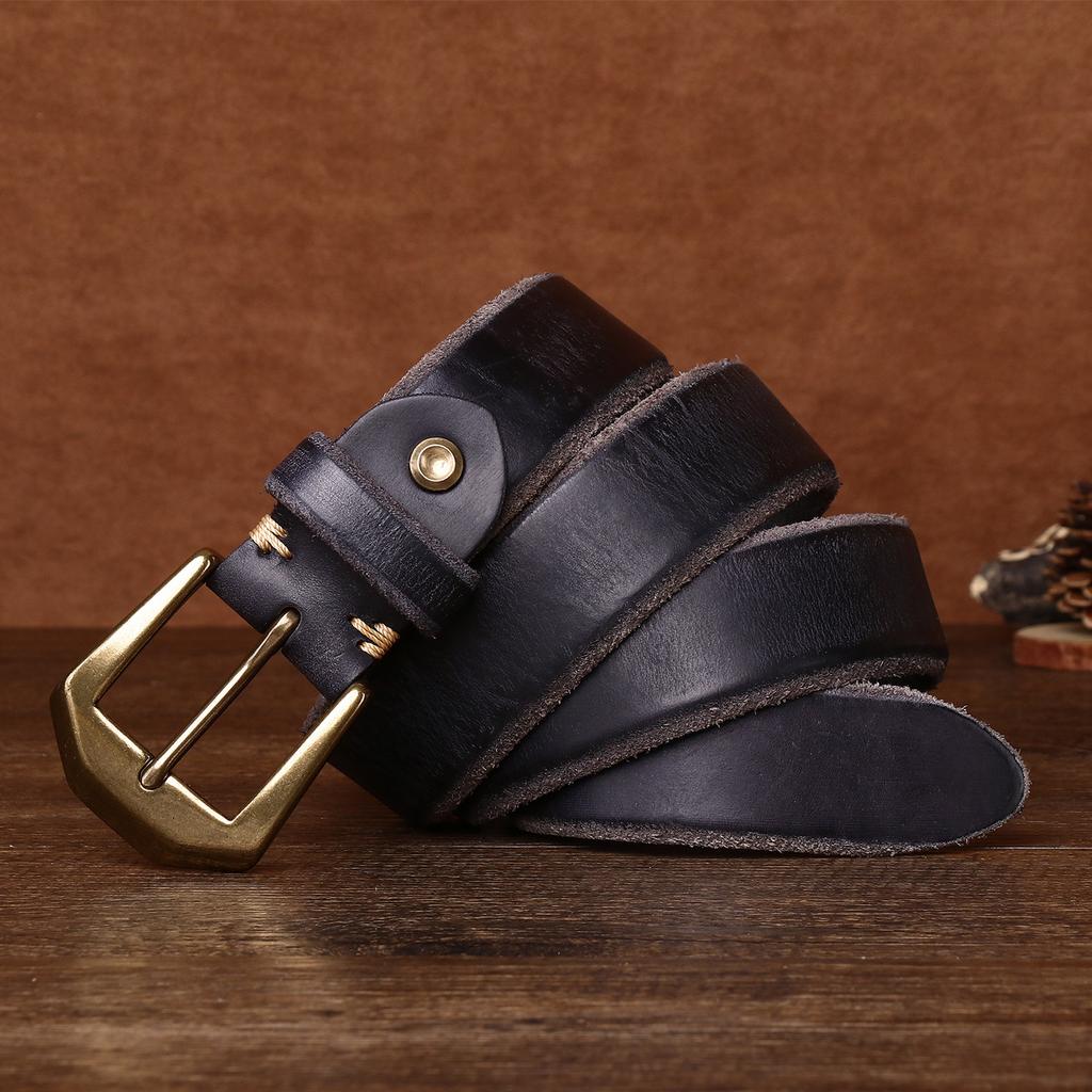 Thickened large copper buckle extra thick beveled edge retro matte leather belt men's first layer cowhide casual belt