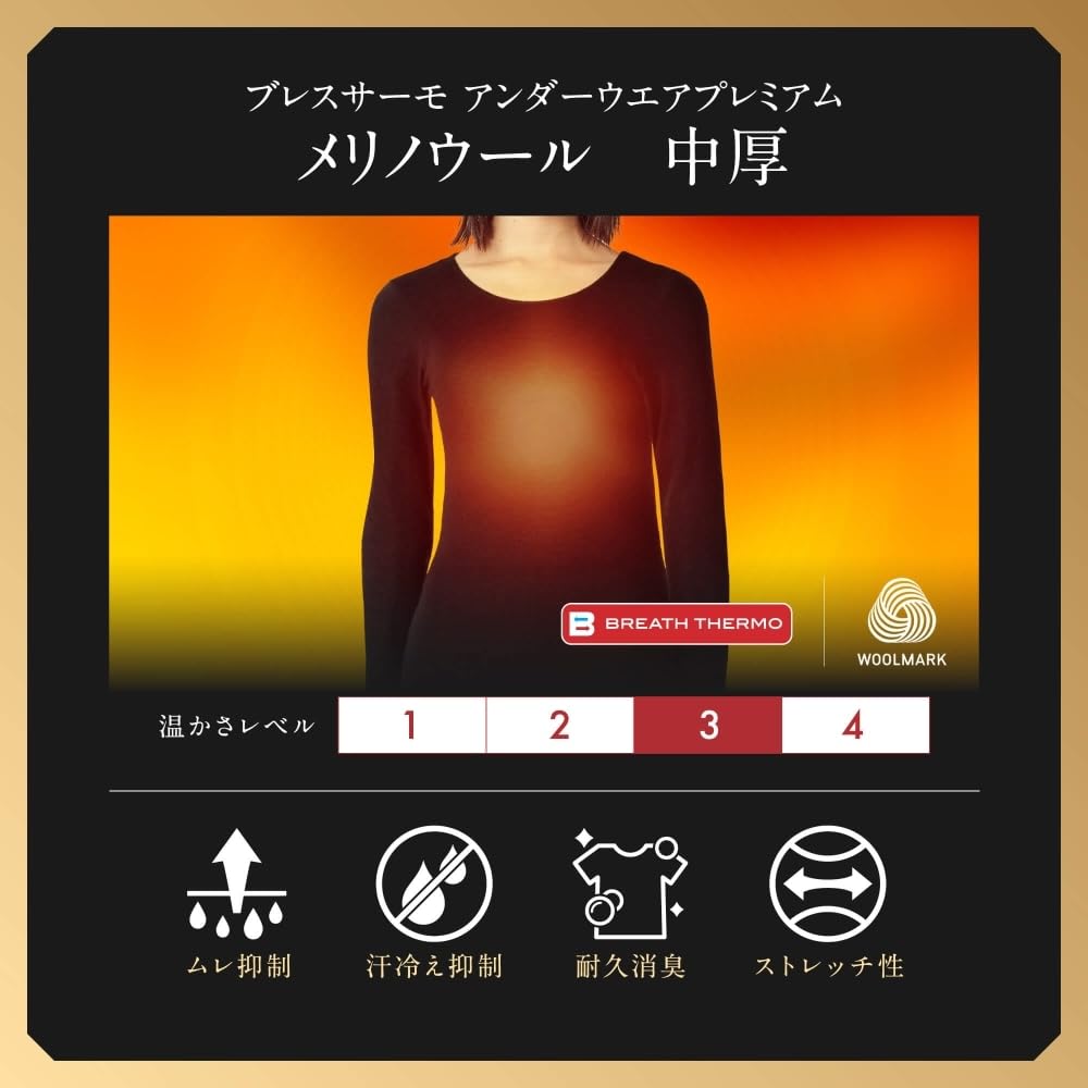 Mizuno Breath Thermo Wool Crew Neck Long Sleeve Size M Underwear, Heat-Generating Innerwear, Medium-Weight Shirt, Men's, Black, (C2JAB651)