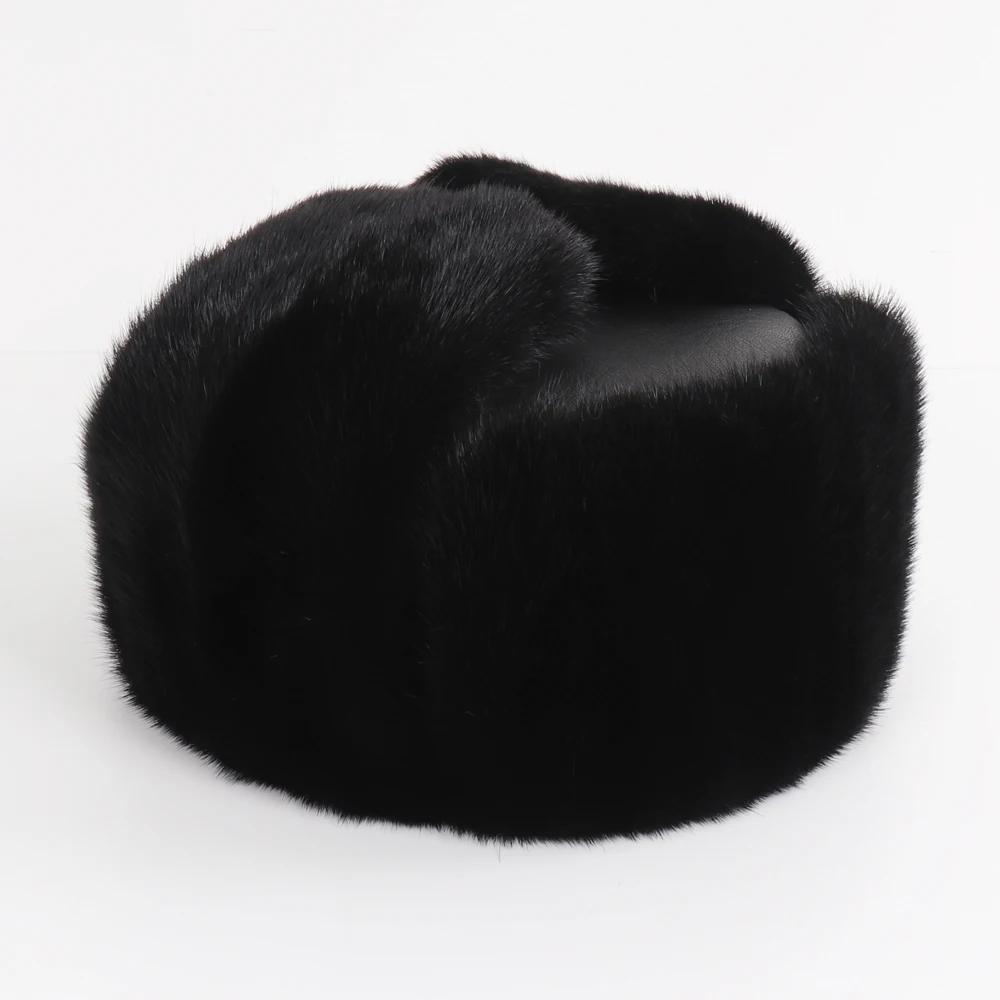 New Winter Men Outdoor Real Mink Fur Bomber Hats Male Super Warm 100% Natural Mink Fur Hat Luxury Man Real Sheepskin Leather Cap