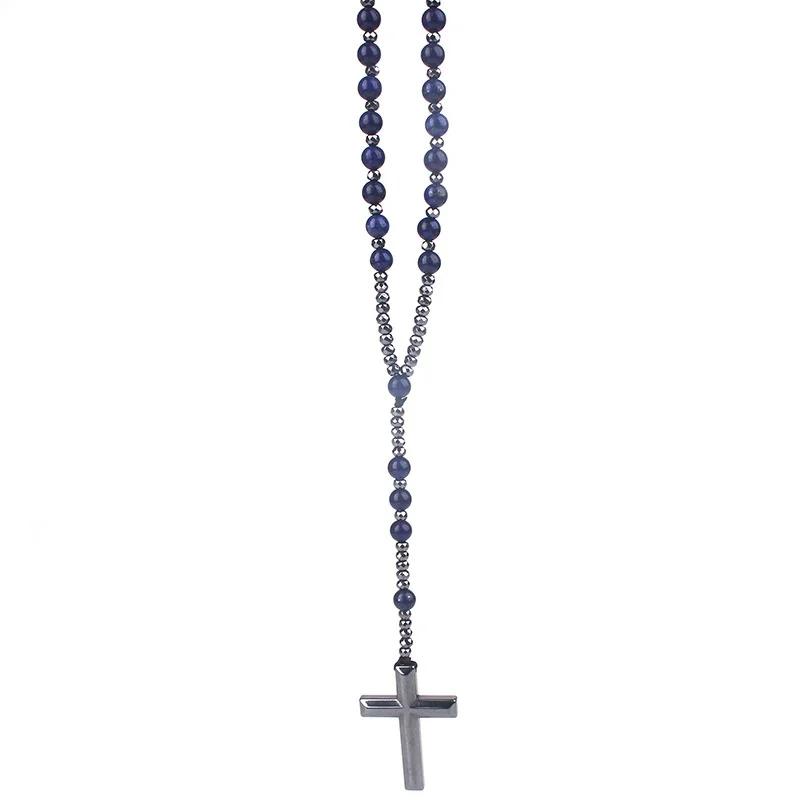 Stone Hematite Cross Car Pendant Catholic Christ Rosary Auto Hanging Meditation Protection Jewelry