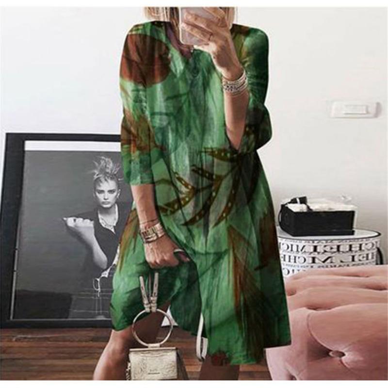 Large Size Women's Autumn Digital Printed Round Neck Long Sleeved Dress