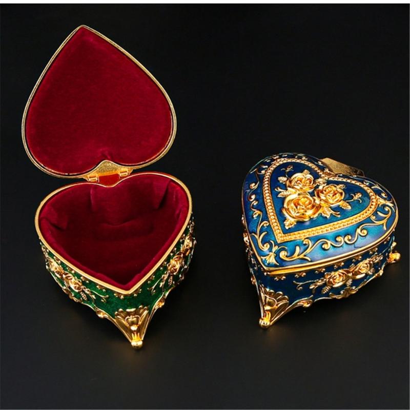 Heart Shaped Jewelry Box with Rose Embossed Lid, Zinc Alloy Storage Case for Vanity Display, Jewelry Storage and Gifts