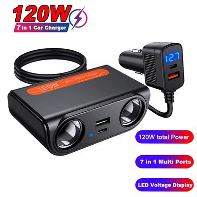 7 In 1 Car Charger Adapter PD USB Socket Cigarette Lighter Splitter Fast Charge With LED Voltmeter DC Outlet Auto Accessories