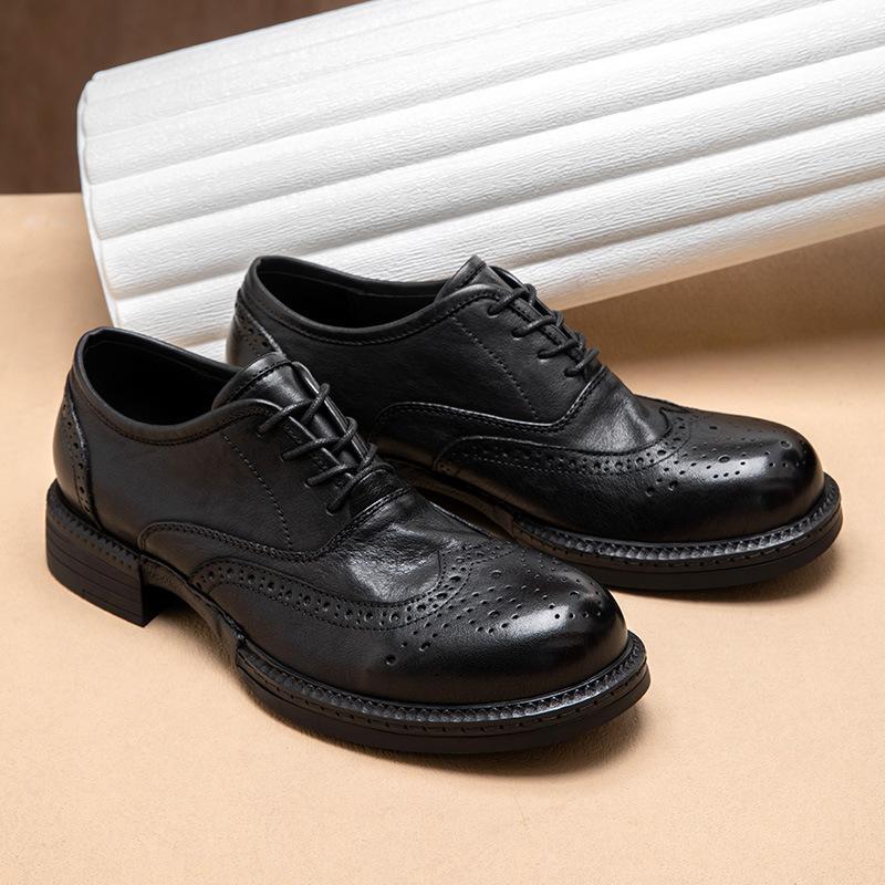 Vintage British Low-Top Leather Round Head Derby Men'S Shoes Platform Casual Pure Large First Layer Cowhide Tooling Leather Shoes Men