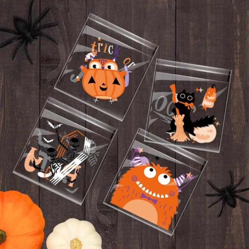 100pcs Halloween Candy Bag Self-adhesive Plastic Treat Bags for Cookie Snack Gift Clear Bags Set for Halloween Party