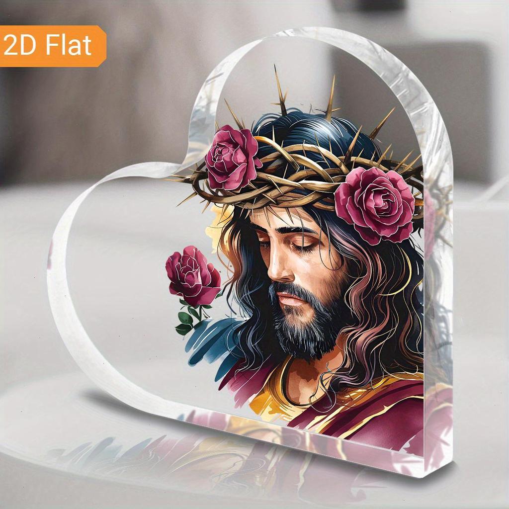 1pc Heart-Shaped Acrylic Easter Ornament - Art Deco Jesus Design with Thorny Crown & Floral Accents, Inspirational Christian Desk Decor for Home