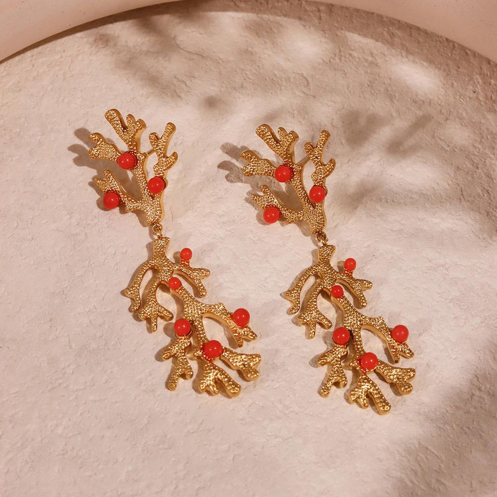 18k Gold-Plated Delicate Coral Red Bead Earrings with Stainless Steel for Women