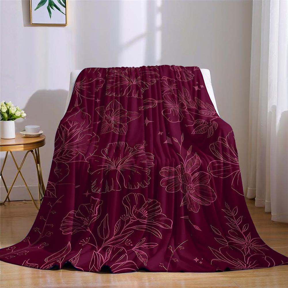 Couverture en Flanelle Étoiles Florales Bordeaux Chaude Douce Halloween Noël Canapé Chaleureux Confortable Décoratif Cadeau pour Toutes les Saisons