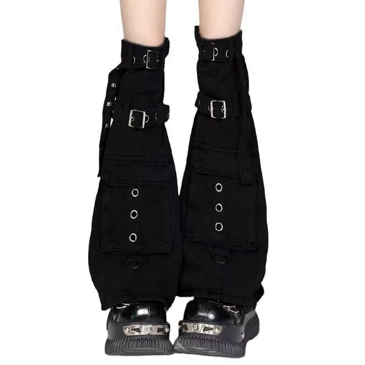 Pocketed Denims Leg Warmers for Womens Harajuku Punk Buckled Strap Boot Cover Flared Over Knee Long Socks Streetwear