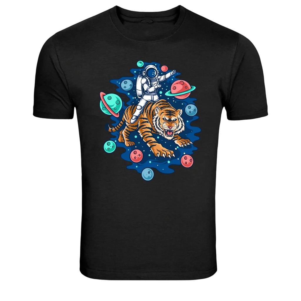 Astronaut Riding Tiger Space Planets Graphic T Shirt Sci Fi Tee