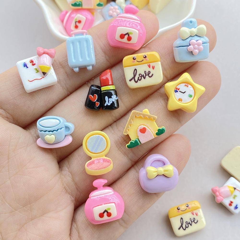 30Pcs Cute Cartoon Mini Lipstick, Mirror, Suitcase, Alarm Clock Nail Art Resin Designer Charms DIY Craft For Nail 3D Decorations