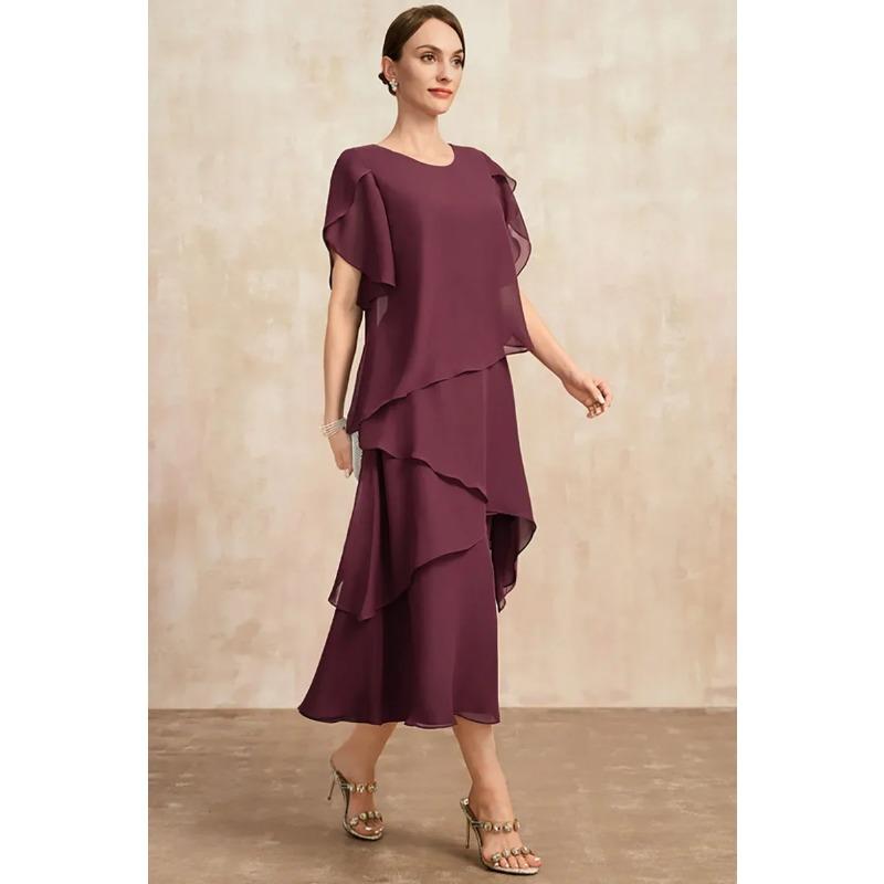 Elegante Brautmutterkleider Unregelmäßig Lagenärmel Blütenärmel Fließendes Maxikleid Party Hochzeitsgastkleid Große Größen