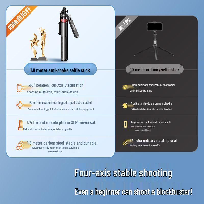 1.8m Anti-Shake Gimbal Selfie Stick Tripod for Mobile: 360° Rotation, Ideal for TikTok Live Streaming and Handheld Shooting.