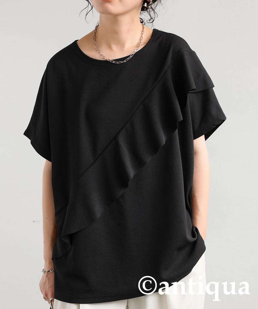 Antiqua Women's Ruffled Top, Short Sleeve, Solid Color, AJ-01785 F 05, Black