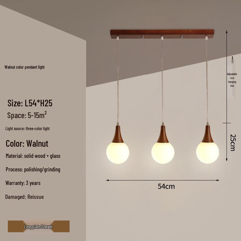 Modern Solid Wood Pendant Lamp with Three Heads, Walnut Finish, Japanese Style for Dining Rooms and Bars.