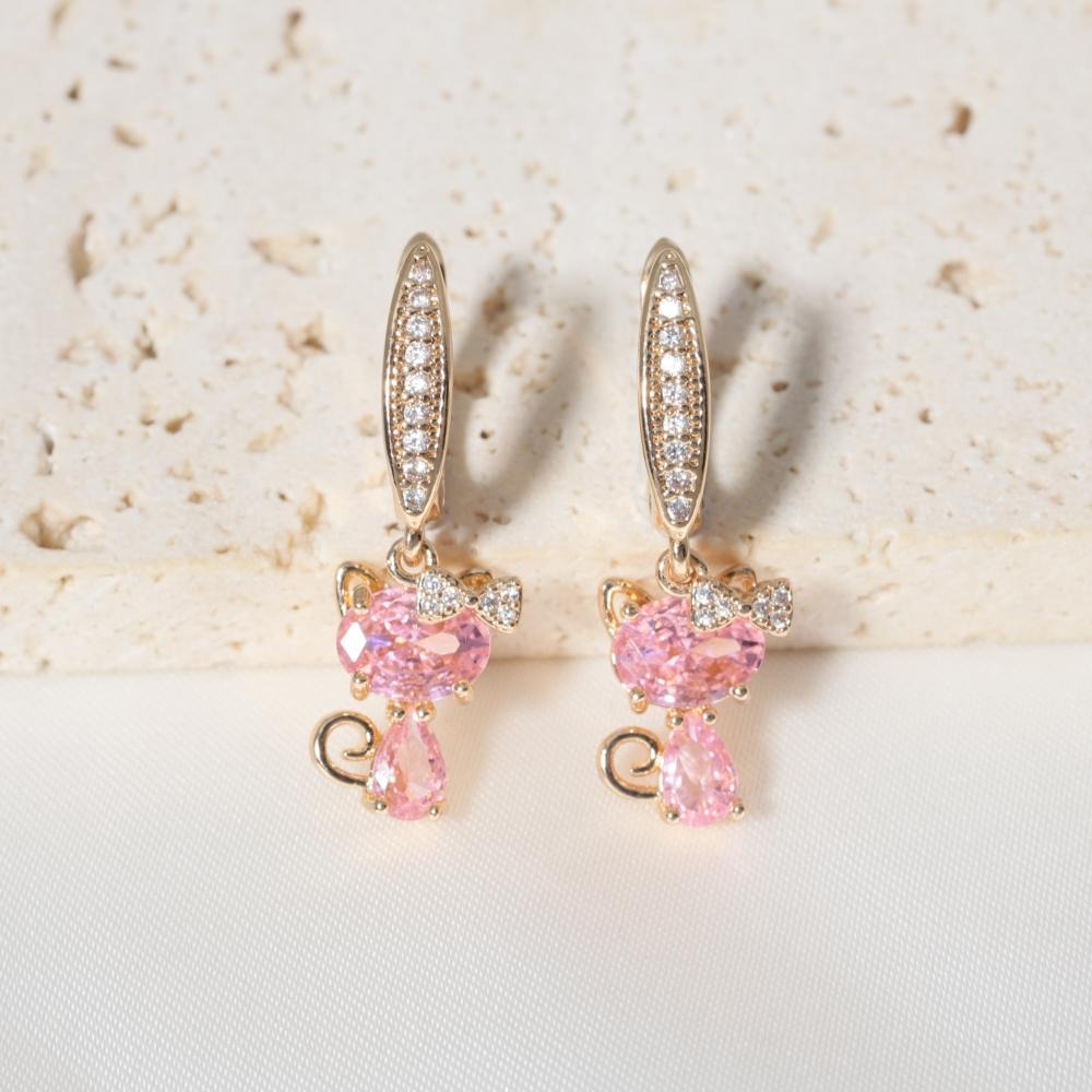 

1 Pair Cute Cat Zirconia Dangle Earrings for Women Golden Earring Jewelry Party Accessories розовый