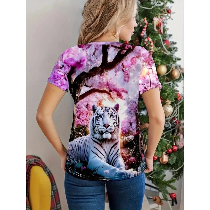 Letní dámské tričko s kulatým výstřihem a 3D potiskem zvířat, módní, ležérní, s krátkým rukávem