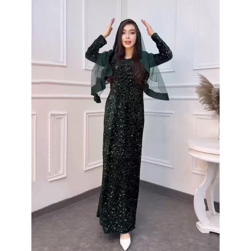 

Платье с длинным рукавом в западном стиле, шаль из новой легкой пряжи, расшитое пайетками, длинное платье, платье-шаль из сетки с пайетками Dark green L