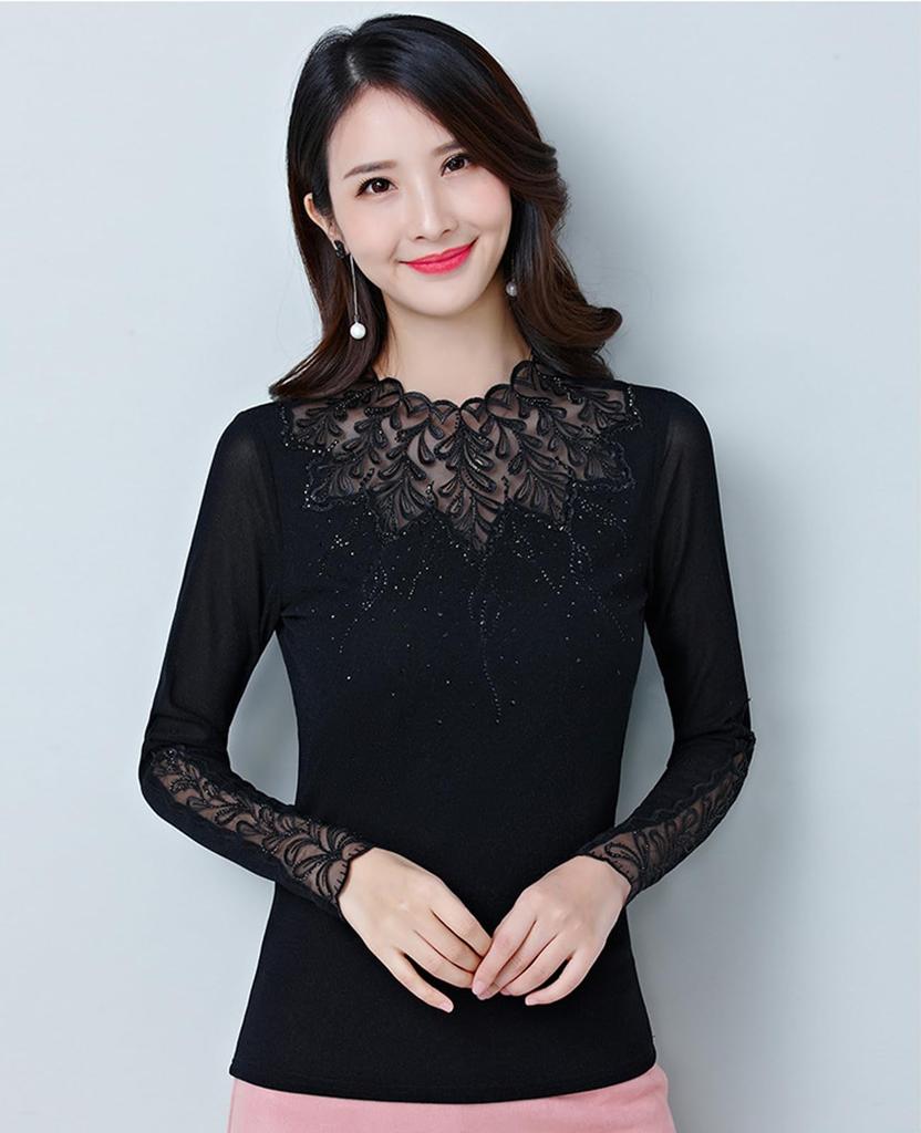 Yuoku Round Neck Top with Black Lace Floral Mesh and Long Slim Perfect for Everyday Ballroom Modern Practice Dance Lesson Latin Dance Costume Women's