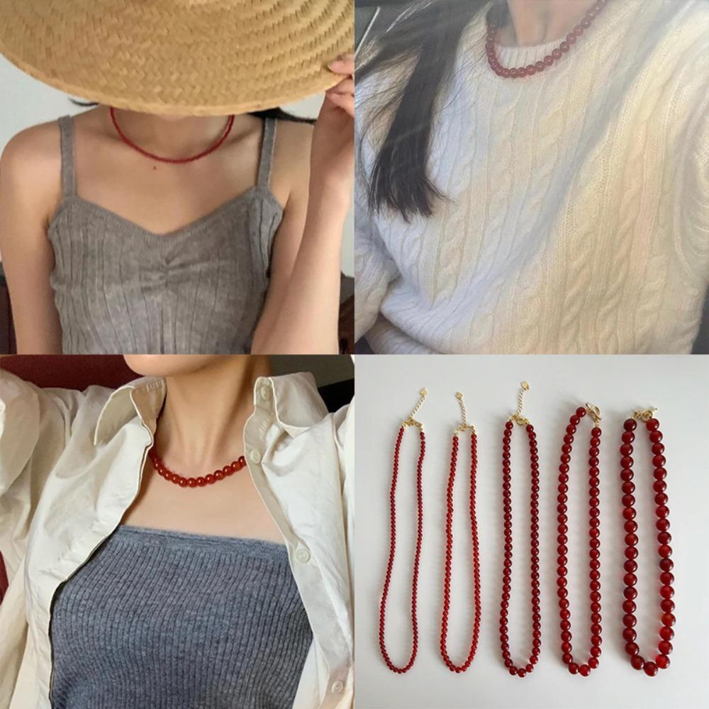 Collane con Perline Rosse da 4/6/8/10 mm Collane a Girocollo Fatte a Mano con Perline Placcate Oro Pietre Naturali Agata Catena Clavicolare Ragazza