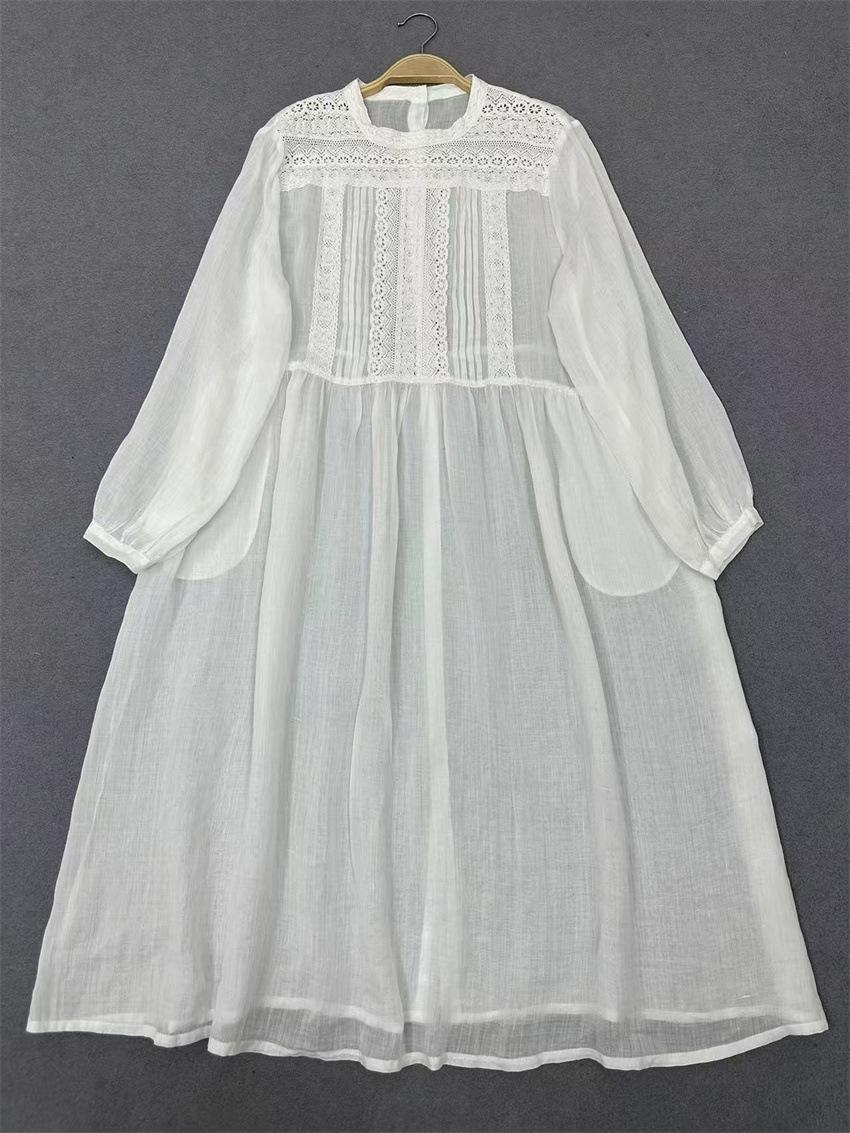 

Johnature Spring Women Lace Trim Dress Retro Forest Style Loose Thin Women Dresses One Size белый