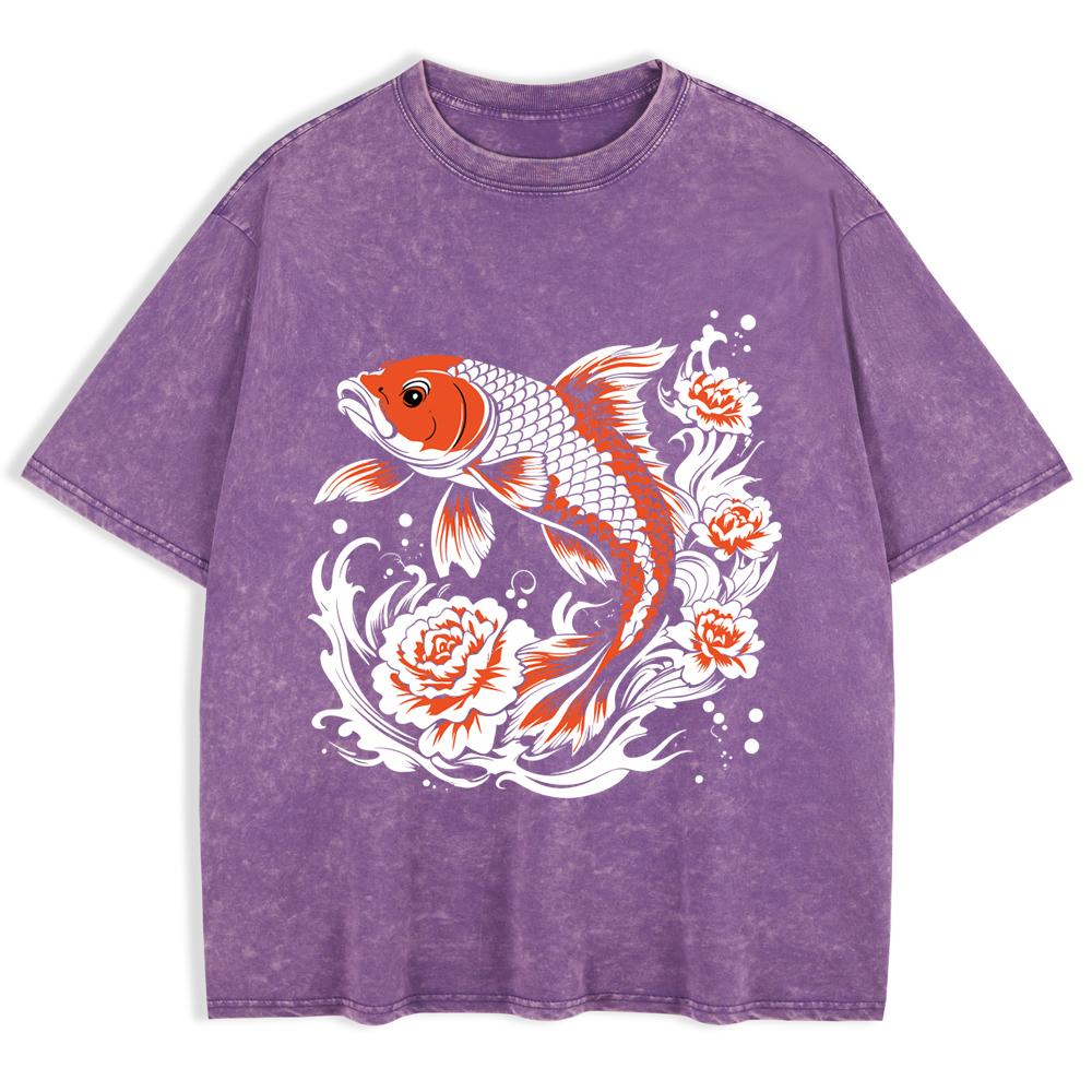 Japanese Koi Harajuku Printed Washed T-Shirts Mens Cotton Short Sleeve Tops Summer O-Neck Oversized T Shirt Clothes