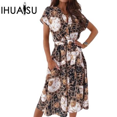 Women's Summer V-neck Short-sleeved Temperament Shirt Dresses