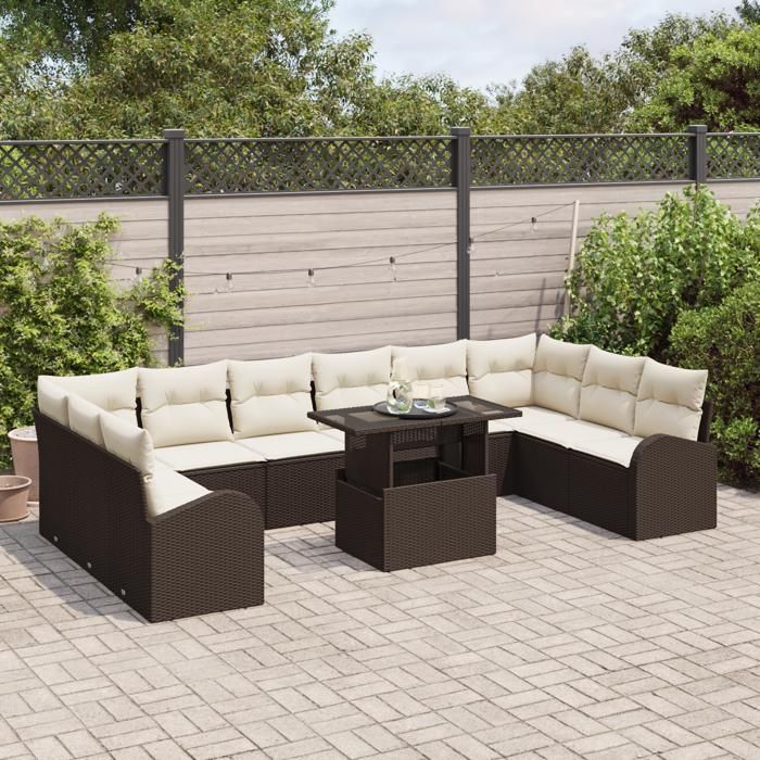 Ensemble de canapé de jardin 11 pièces avec coussins marron poly rattan, Canapé de jardin 2 places avec rangement 3357451