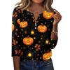 Women's Casual Halloween Print V Neck Button Front Three Quarter Sleeve T Shirt Top Lightweight Comfortable Fall Shirt