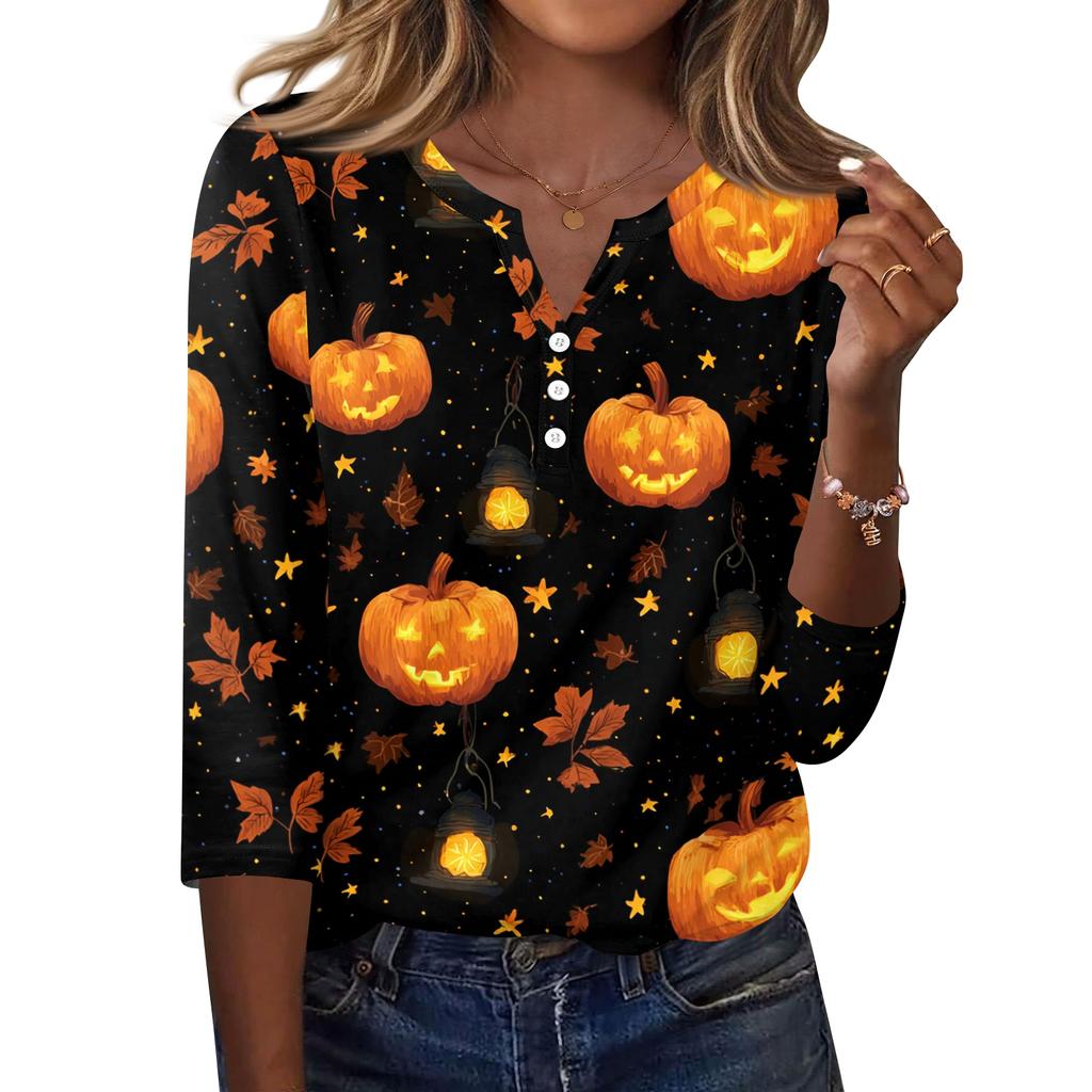 Women's Casual Halloween Print V Neck Button Front Three Quarter Sleeve T Shirt Top Lightweight Comfortable Fall Shirt