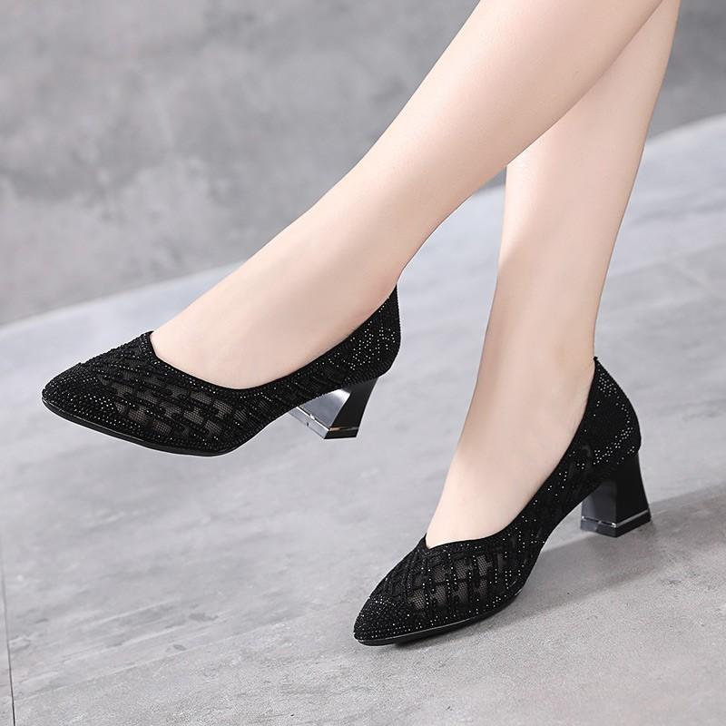 Women's Fashion Point Point Shallow Mouth Glitter Mesh Cloth Breathable Set Foot Anti-slip Wear-resistant Thick Heel Shoes