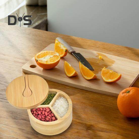Bamboo Salt Cellar Seasoning Jar with Built-in Spoons Salt Container for Kitchen Swivel Lid Spice Box for Countertop