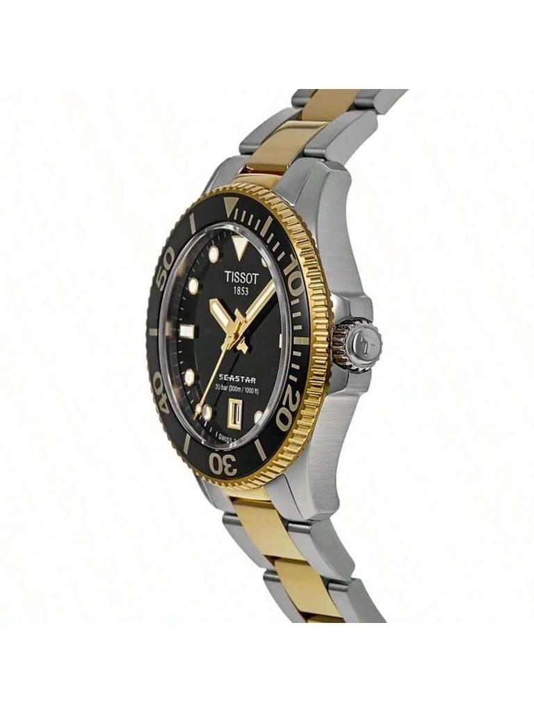 Tissot Quarzwerk, 300m wasserdicht, Unisplendour Schweizer Uhr, 36mm schwarzes Zifferblatt, Edelstahl goldbeschichtetes PVD-Gehäuse, T120.210.22.051.00